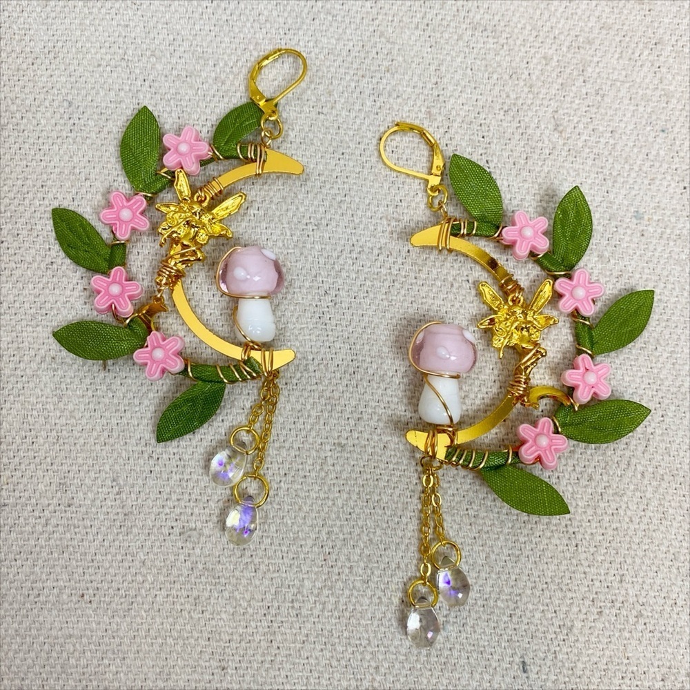 Floral Mushroom Crescent Moon Hoop Earrings with Gold Accents Fairy